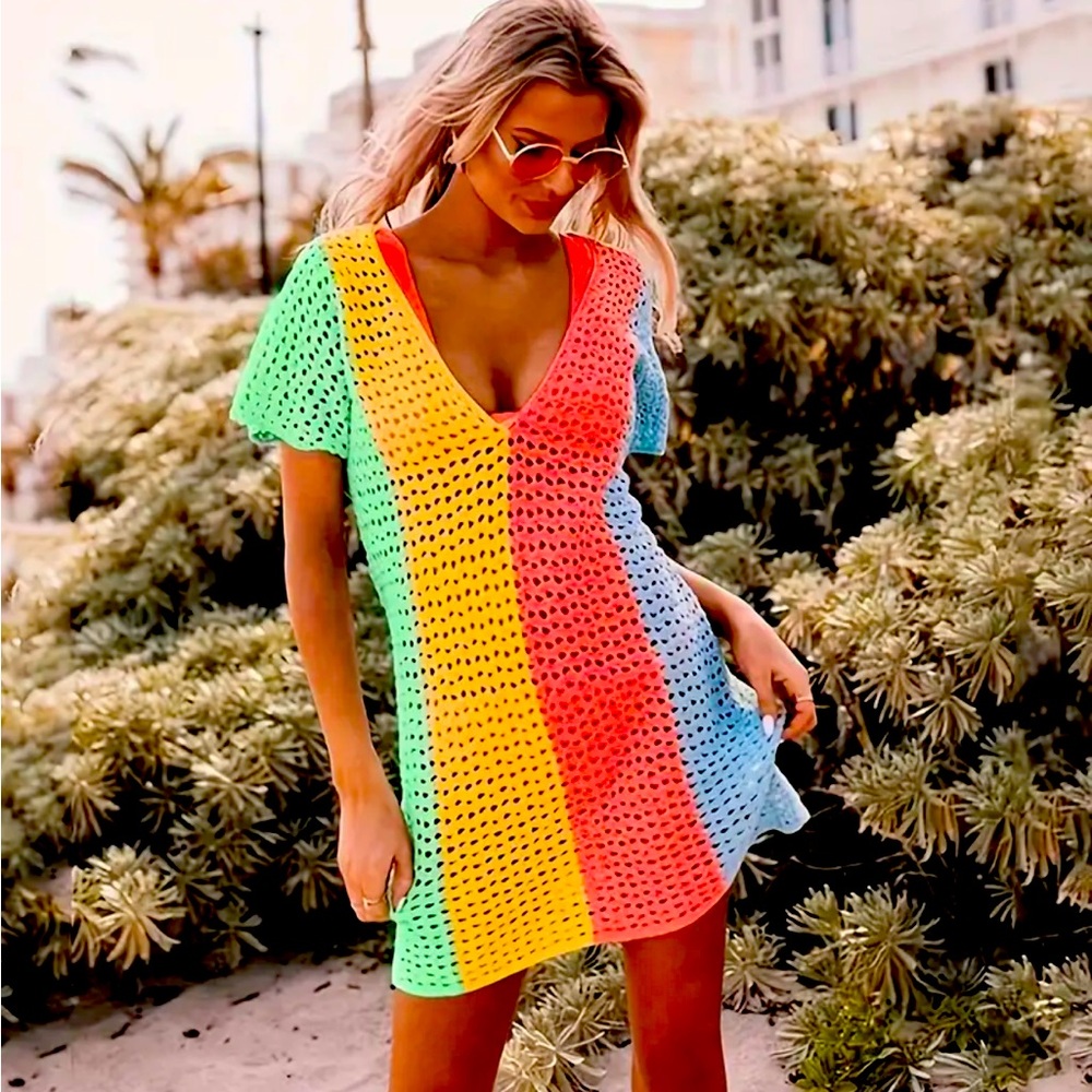 Plus V Neck Crochet Dress/Swimsuit Cover Up